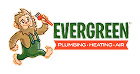 Cartoon muscular man holding a wrench next to the text 'EVERGREEN Plumbing • Heating • Air' in green and red.