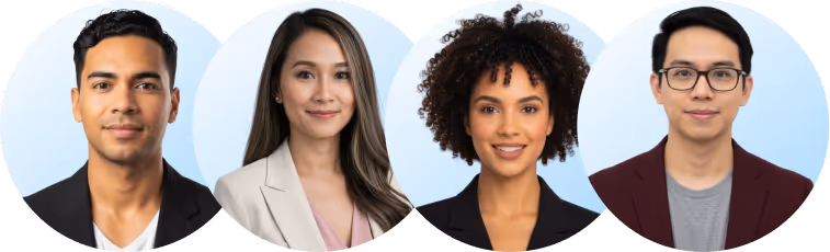 Portraits of four diverse professionals smiling and facing forward against a light blue background.