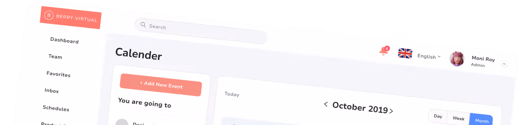 Dashboard interface of Berry Virtual showing calendar section with navigation menu on the left and user profile on the top right.