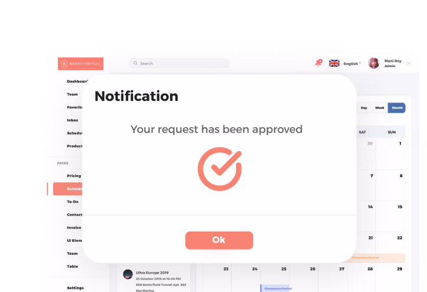 Popup notification showing a checkmark icon and message: Your request has been approved with an Ok button below.