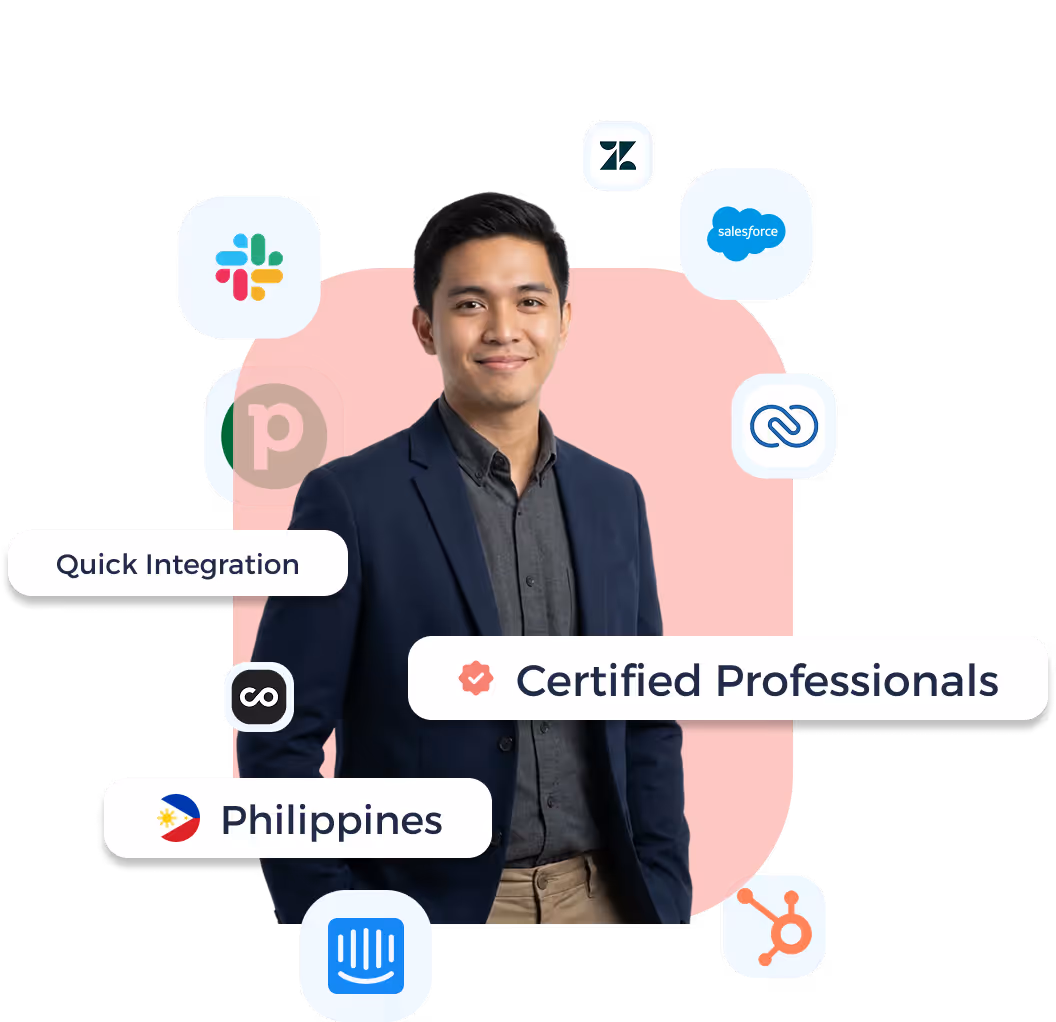 Smiling professional man in blazer surrounded by integration and certification icons including Slack, Salesforce, HubSpot, and a Philippines flag.