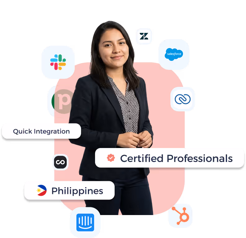 Confident woman in a black blazer standing with business-related logos and text about quick integration, certified professionals, and the Philippines.