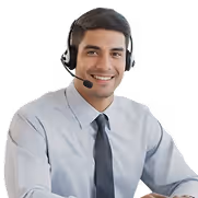 Smiling male customer service representative wearing a headset, shirt, and tie.