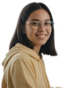 Smiling woman with glasses wearing a yellow hoodie on a white background.