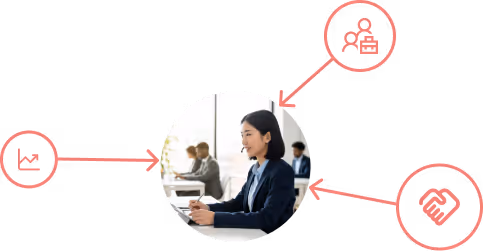 Businesswoman in a suit sitting at a desk with coworkers in the background, surrounded by icons representing growth, team support, and partnership.