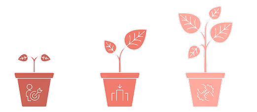 Three red plant pots showing stages of growth: small sprout with target icon, medium plant with hierarchy icon, and larger plant with handshake icon.