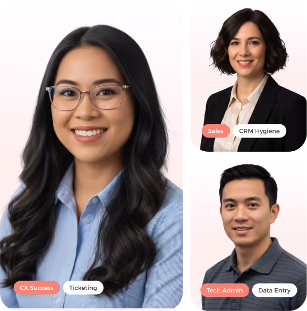 Portraits of three professionals: a smiling woman with long black hair and glasses labeled CX Success and Ticketing, a woman with short dark hair labeled Sales and CRM Hygiene, and a man with short black hair labeled Tech Admin and Data Entry.