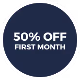Badge displaying 50% off first month offer in white text on a dark blue circular background.