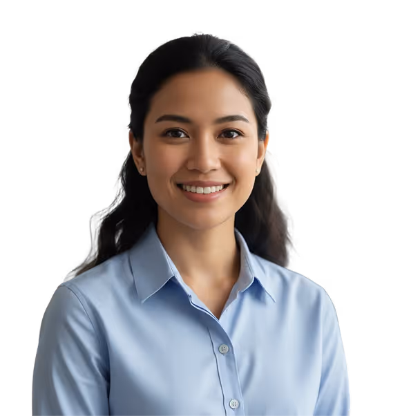 Smiling woman with long dark hair wearing a light blue button-up shirt.