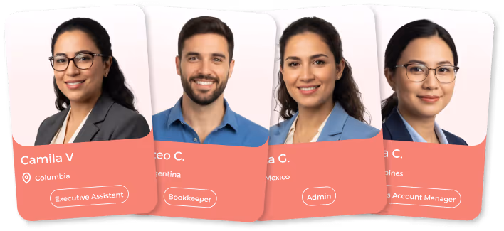 Portraits of four professionals with names, countries, and job titles: Camila V from Columbia (Executive Assistant), Leo C. from Argentina (Bookkeeper), Ana G. from Mexico (Admin), and Ma C. from the Philippines (Sales Account Manager).