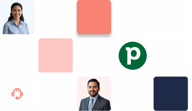 Collage with two professional headshots: a woman in a blue shirt and a man in a suit, the Publix logo, and headset icon on colored blocks.