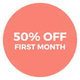 Red circular badge with white text offering 50% off the first month.
