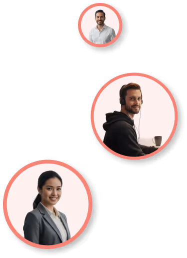 Three business professionals in circular frames with pink backgrounds, one man in a white shirt, one man with headphones holding a coffee cup, and one woman in a gray blazer.