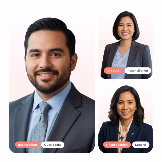Three professional individuals in business attire smiling, each labeled with finance-related roles and skills: bookkeeping and QuickBooks, A/R & A/P and reconciliation, finance admin and reports.