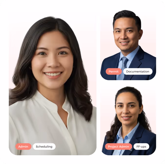 Three smiling professionals: a woman labeled Admin and Scheduling, a man labeled Permit and Documentation, and a woman labeled Project Admin and FF-ups.