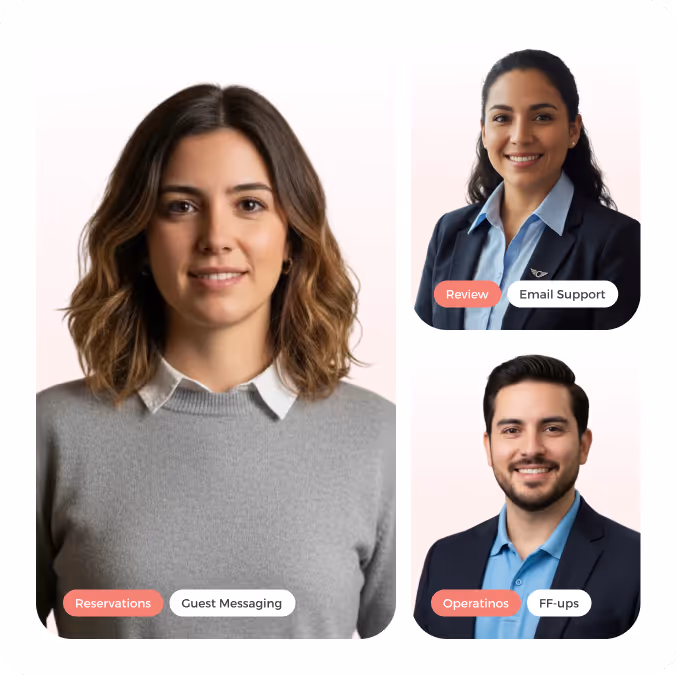 Portraits of three hospitality support professionals, each associated with tasks like reservations, email support, and operations.