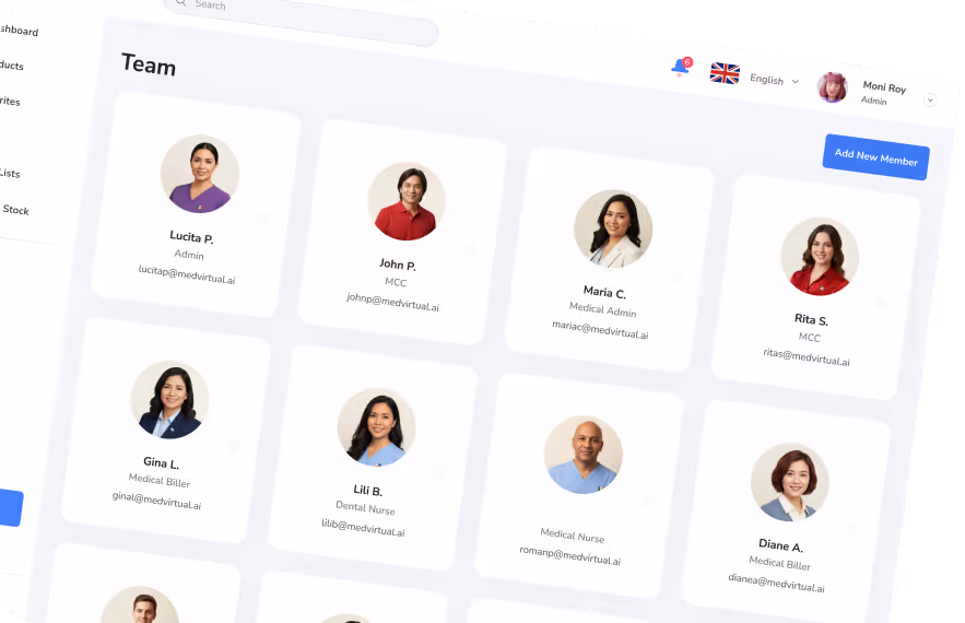 Team dashboard displaying profile cards with photos, names, roles, and emails, including Admin, Medical Admin, MCC, Medical Billers, and Nurses.