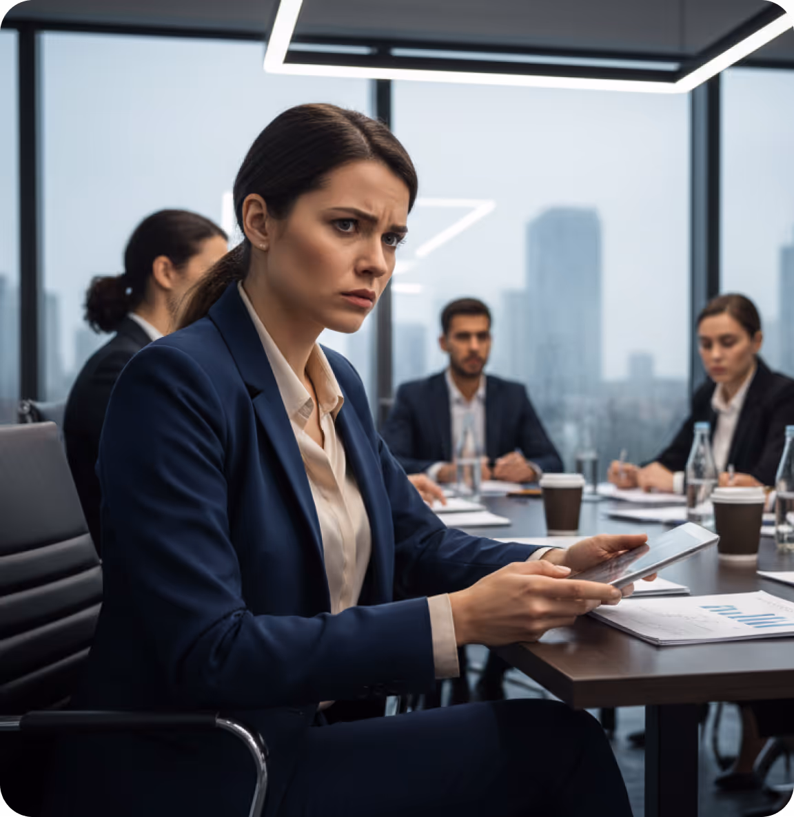 Concerned businesswoman holding a tablet during a meeting in a modern office with colleagues in the background.
