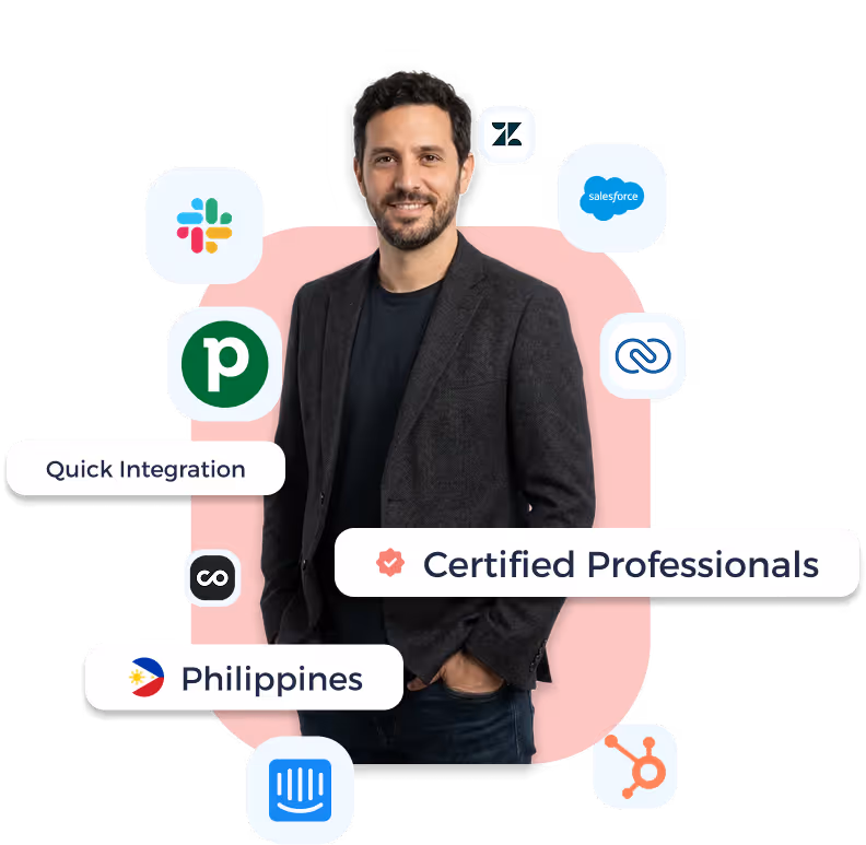 Smiling man in dark blazer standing against a pink background with logos of popular software integrations including Slack, Zendesk, Salesforce, HubSpot, and text bubbles saying Quick Integration, Certified Professionals, and Philippines.