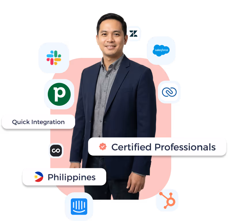Smiling man in dark blazer standing against a pink background with logos of popular software integrations including Slack, Zendesk, Salesforce, HubSpot, and text bubbles saying Quick Integration, Certified Professionals, and Philippines.