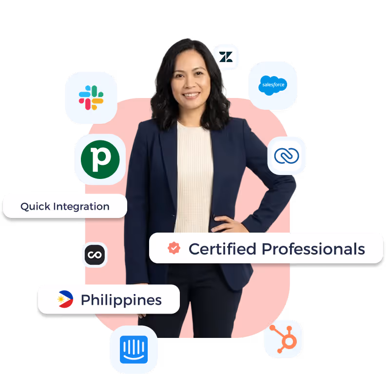 Smiling man in dark blazer standing against a pink background with logos of popular software integrations including Slack, Zendesk, Salesforce, HubSpot, and text bubbles saying Quick Integration, Certified Professionals, and Philippines.