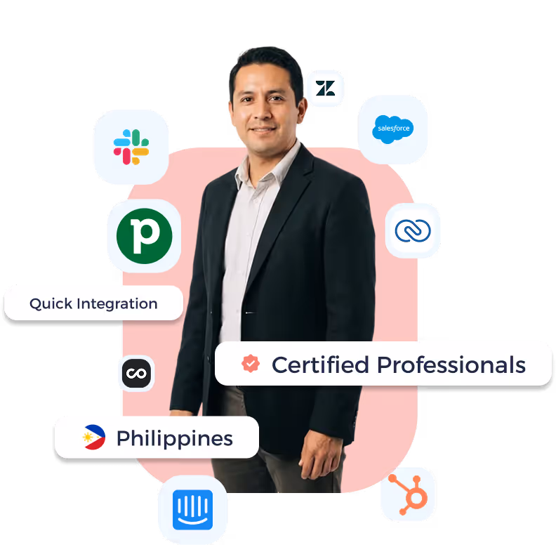 Smiling man in dark blazer standing against a pink background with logos of popular software integrations including Slack, Zendesk, Salesforce, HubSpot, and text bubbles saying Quick Integration, Certified Professionals, and Philippines.