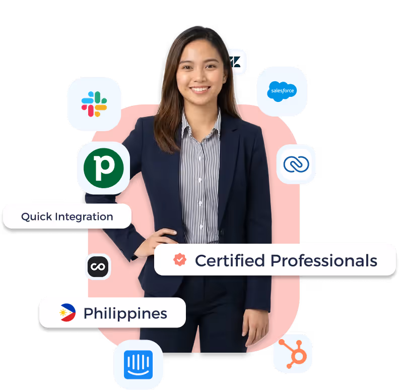 Smiling man in dark blazer standing against a pink background with logos of popular software integrations including Slack, Zendesk, Salesforce, HubSpot, and text bubbles saying Quick Integration, Certified Professionals, and Philippines.