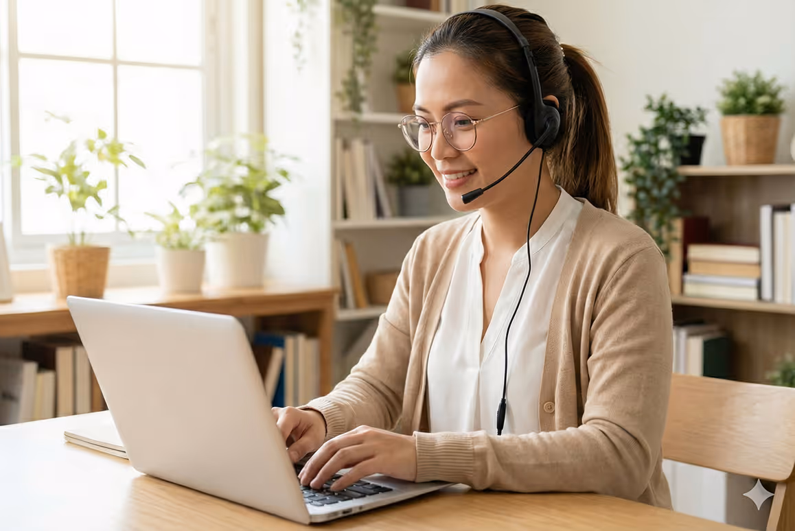 Woman wearing headset and glasses smiling while typing on a laptop at a wooden desk with plants and books in the background.