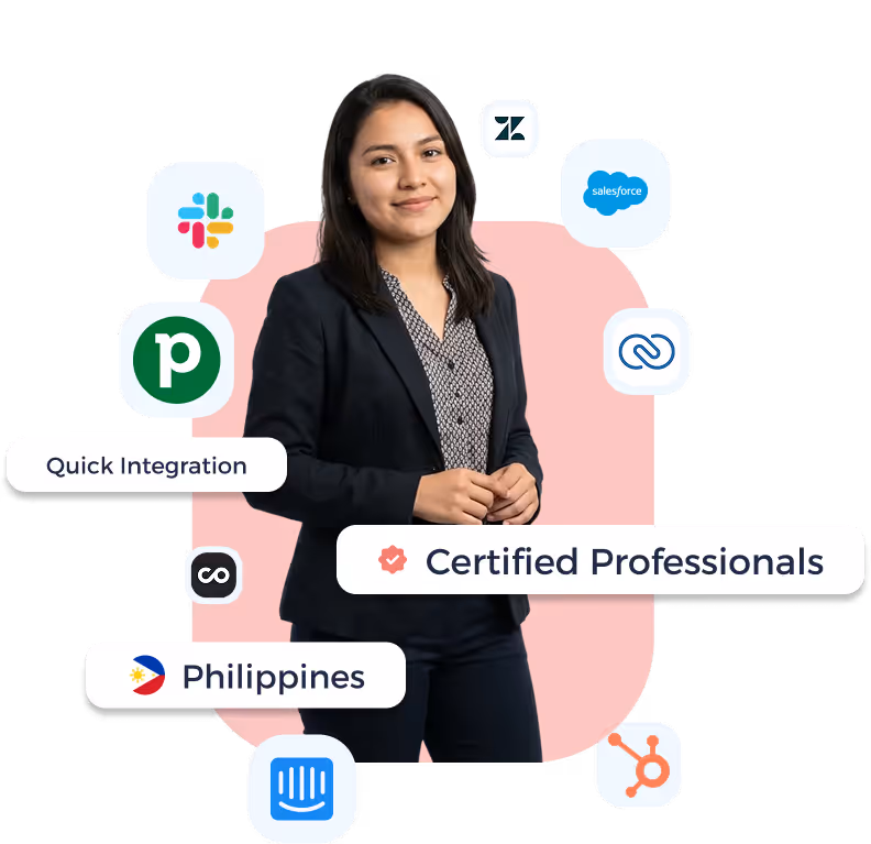 Smiling woman in business attire surrounded by logos of professional tools with labels Quick Integration, Certified Professionals, and Philippines.