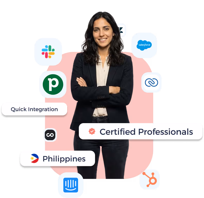 Smiling woman with crossed arms surrounded by logos of Slack, Pipefy, Salesforce, HubSpot, Intercom, and text labels including Certified Professionals, Quick Integration, and Philippines with its flag.