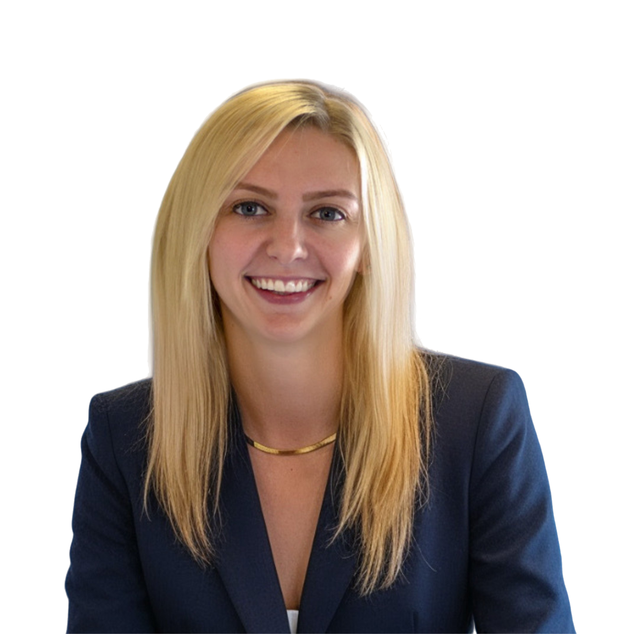 Smiling blonde woman wearing a dark blazer and a gold necklace.