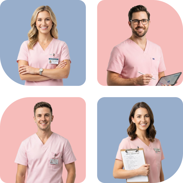 Four medical professionals, two women and two men, wearing light pink scrubs, pose smiling against solid blue and coral backgrounds; one woman crosses her arms, one man holds a pen and tablet, one man stands with hands down, and one woman holds a clipboard.