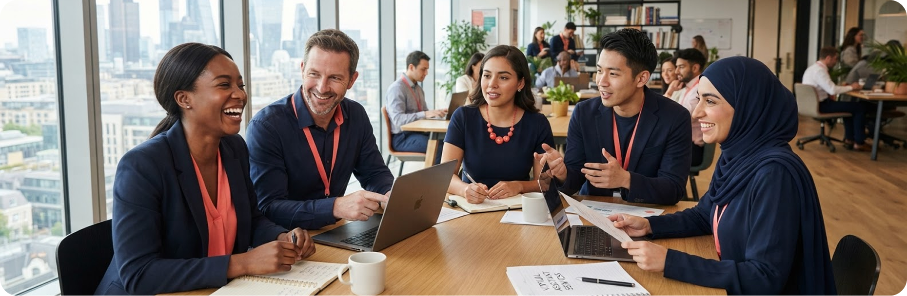 A diverse group of five professionals sitting around a table in a modern office with large windows and city views, engaged in a lively meeting with laptops, documents, and notebooks.