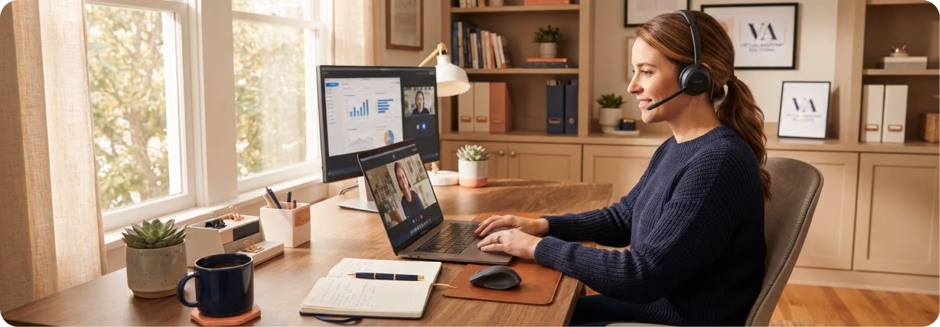 Woman wearing a headset sitting at a wooden desk using a laptop for a video call, with a desktop monitor showing charts and another video call window, a notebook, mouse, coffee mug, and potted plants on the desk near a window.