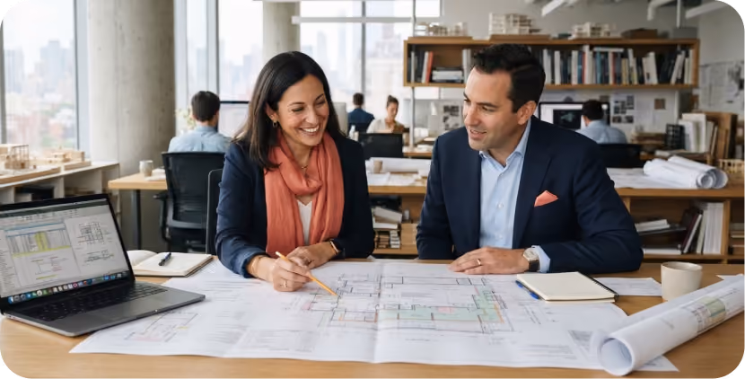 Two architects discussing a large building blueprint spread out on a table in a modern office, with laptops, notebooks, and rolled-up plans nearby.