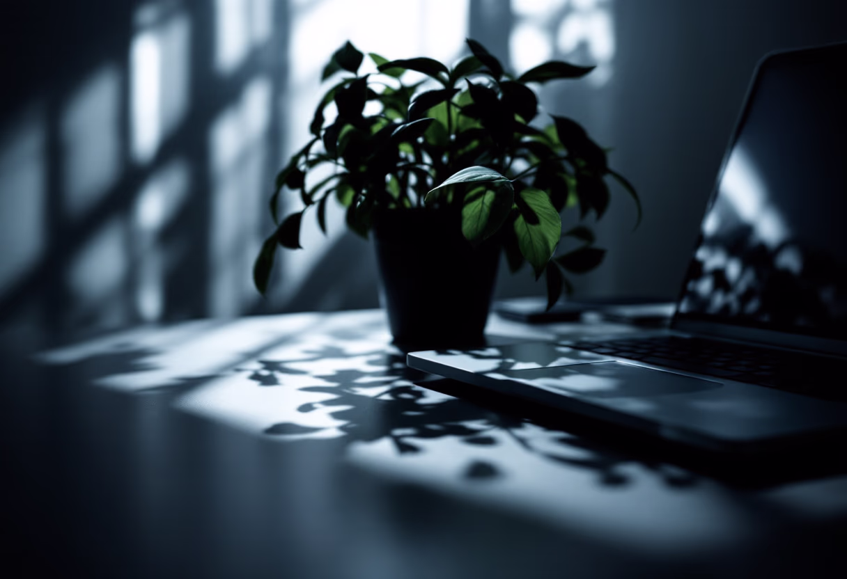 [background image] topdown photo of a desk with a laptop and a plant (for a moving & storage company)