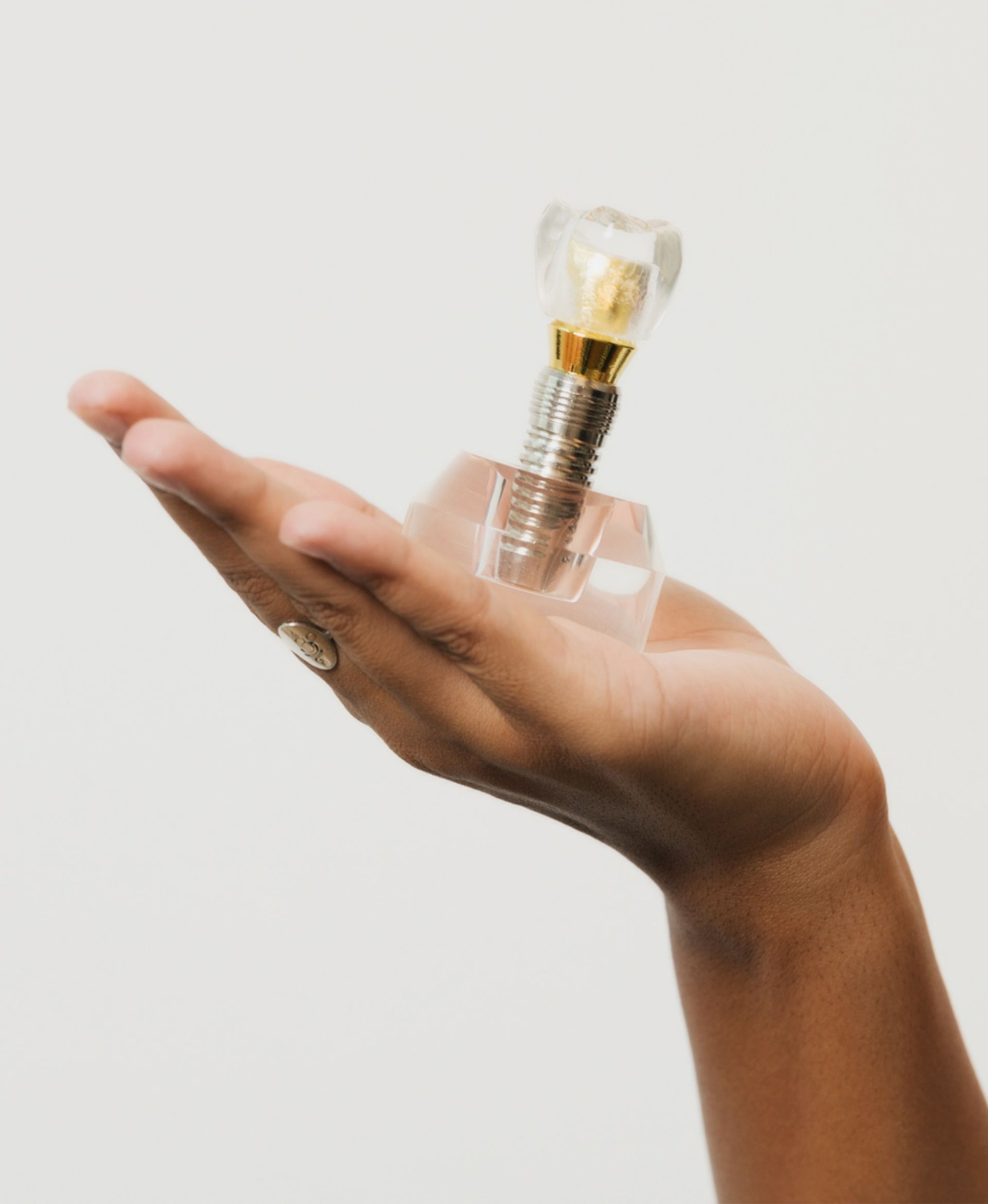 Hand holding a dental implant model with a clear crown and metal screw base.
