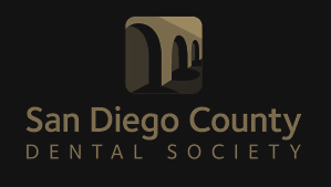 San Diego County Dental Society logo with arches icon on black background.