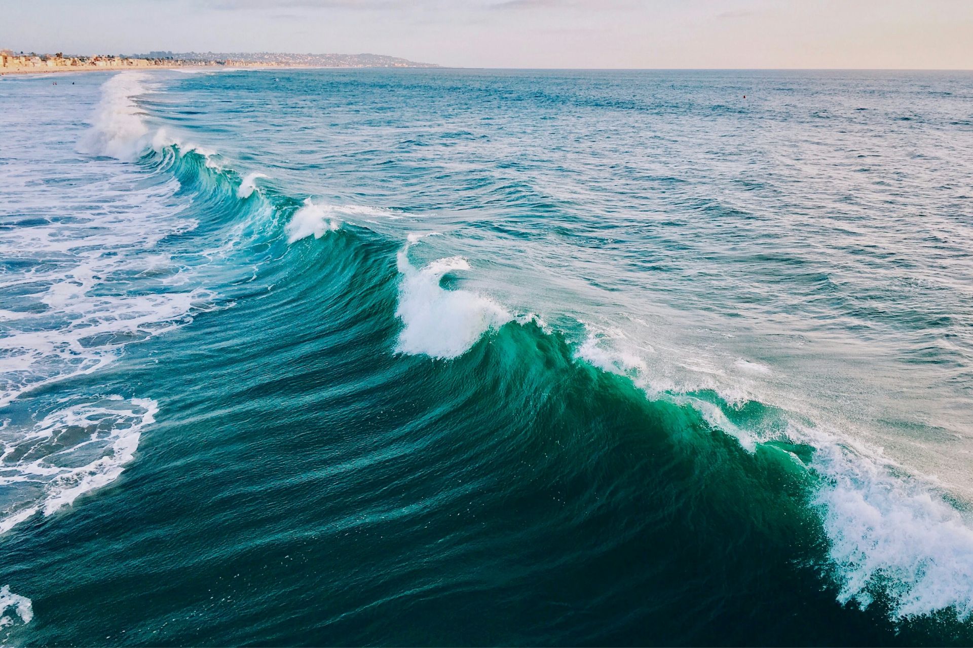 Ocean wave curling near a beach with distant shoreline visible under a clear sky.