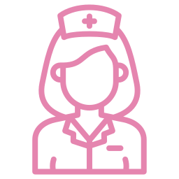 Simple pink line icon of a nurse wearing a cap with a cross and a uniform.