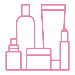 Outline icons of five pink cosmetic containers including bottles, a tube, and a jar.