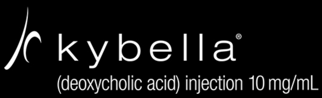 Kybella logo with text: deoxycholic acid injection 10 mg/mL on black background.