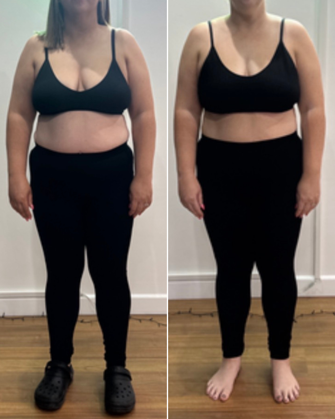 Before-and-after photos of Kayleigh after her 6-week trial at Soph-Fit