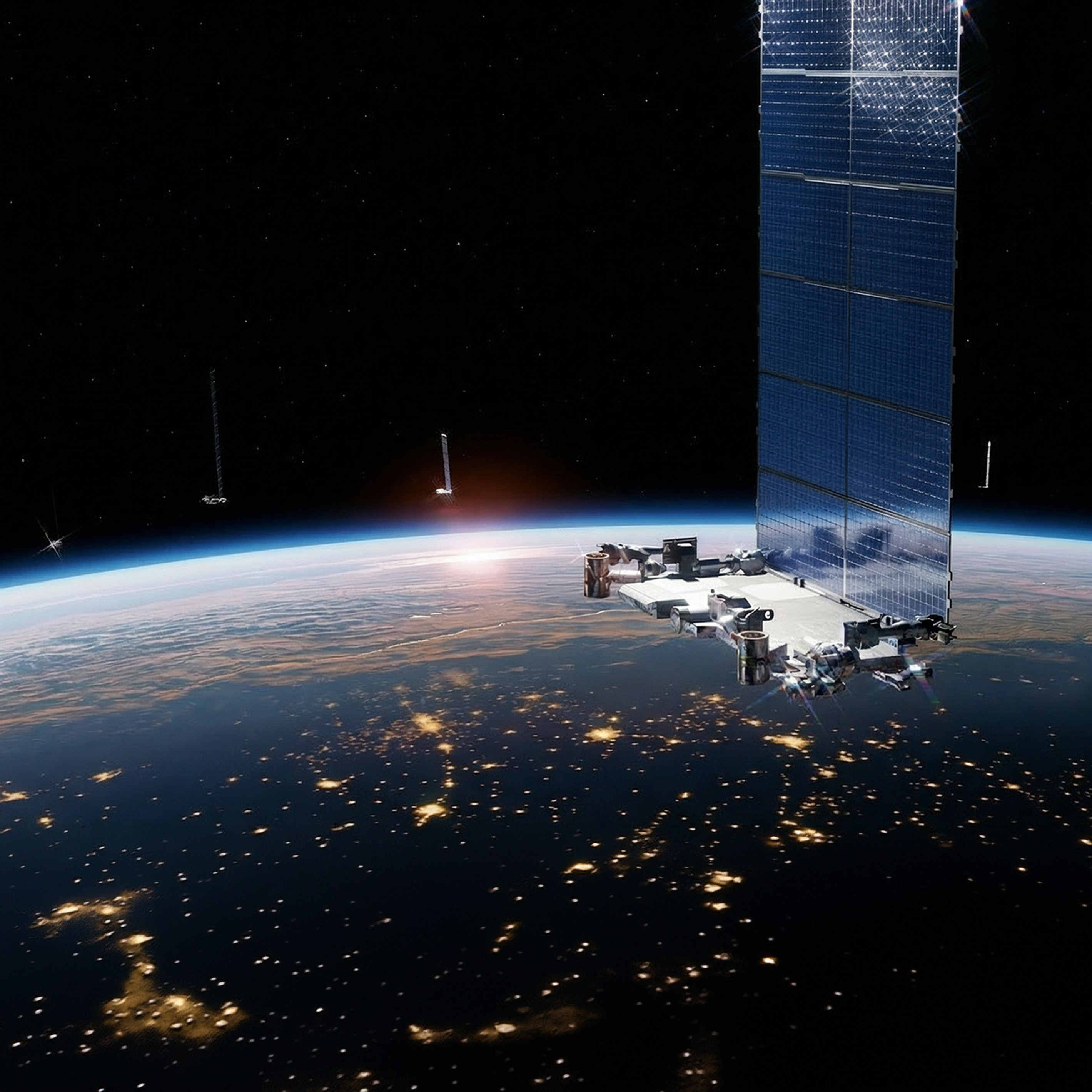 Large satellite with solar panels orbiting Earth at night, city lights visible on the surface below.