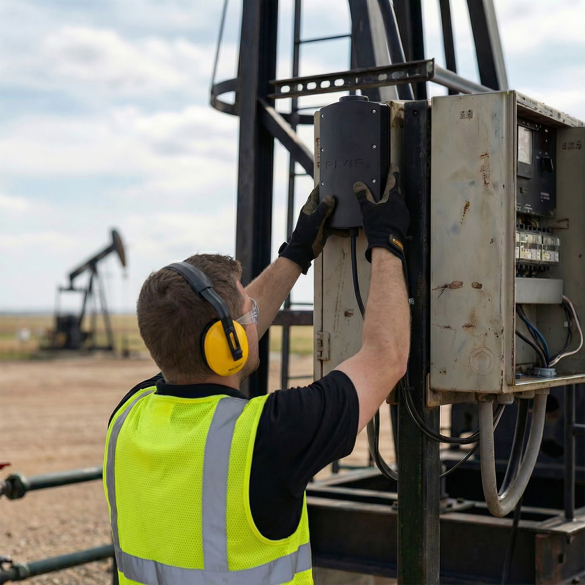 Worker wearing high-visibility vest, gloves, noise-canceling earmuffs, and safety glasses installing a device labeled 'RIVIR' on an industrial electrical box outdoors.