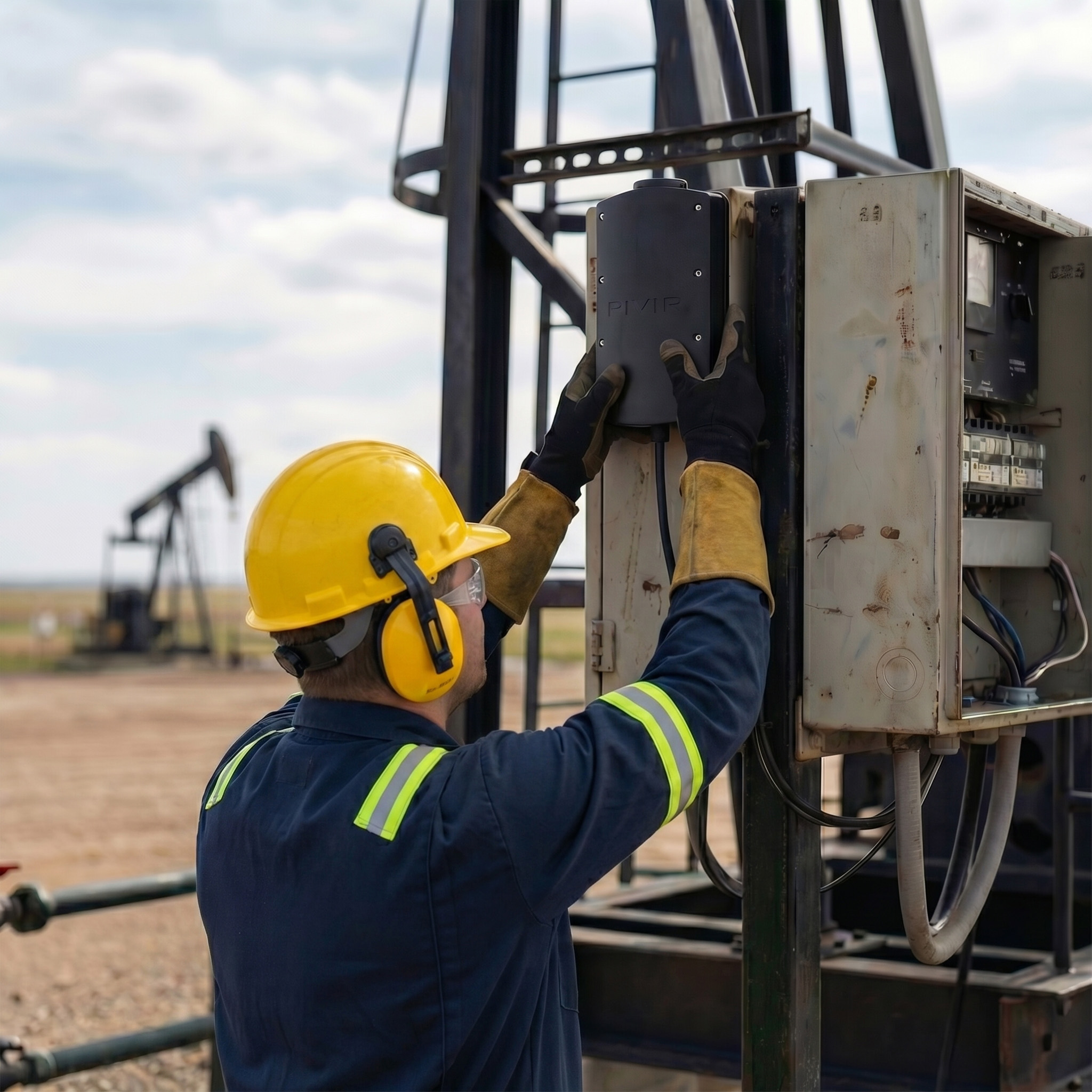 Worker wearing high-visibility vest, gloves, noise-canceling earmuffs, and safety glasses installing a device labeled 'RIVIR' on an industrial electrical box outdoors.