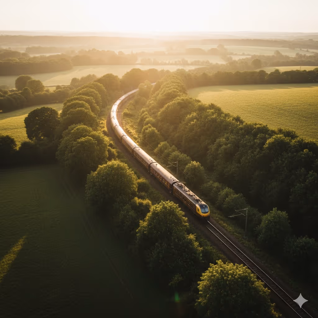 Elegant train traveling through sunlit fields, symbolizing corporate rail experiences.
