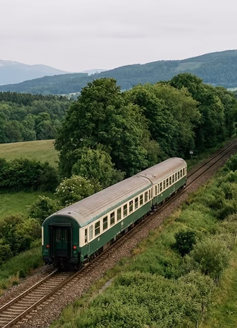 Upcoming journey: Train crossing a curved track through Swiss mountain scenery.