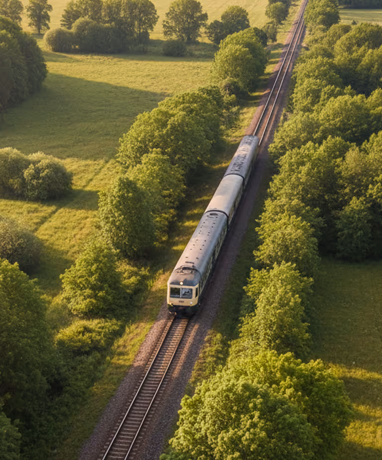 Contact section image: Woman looking thoughtfully out of a train window during golden hour.