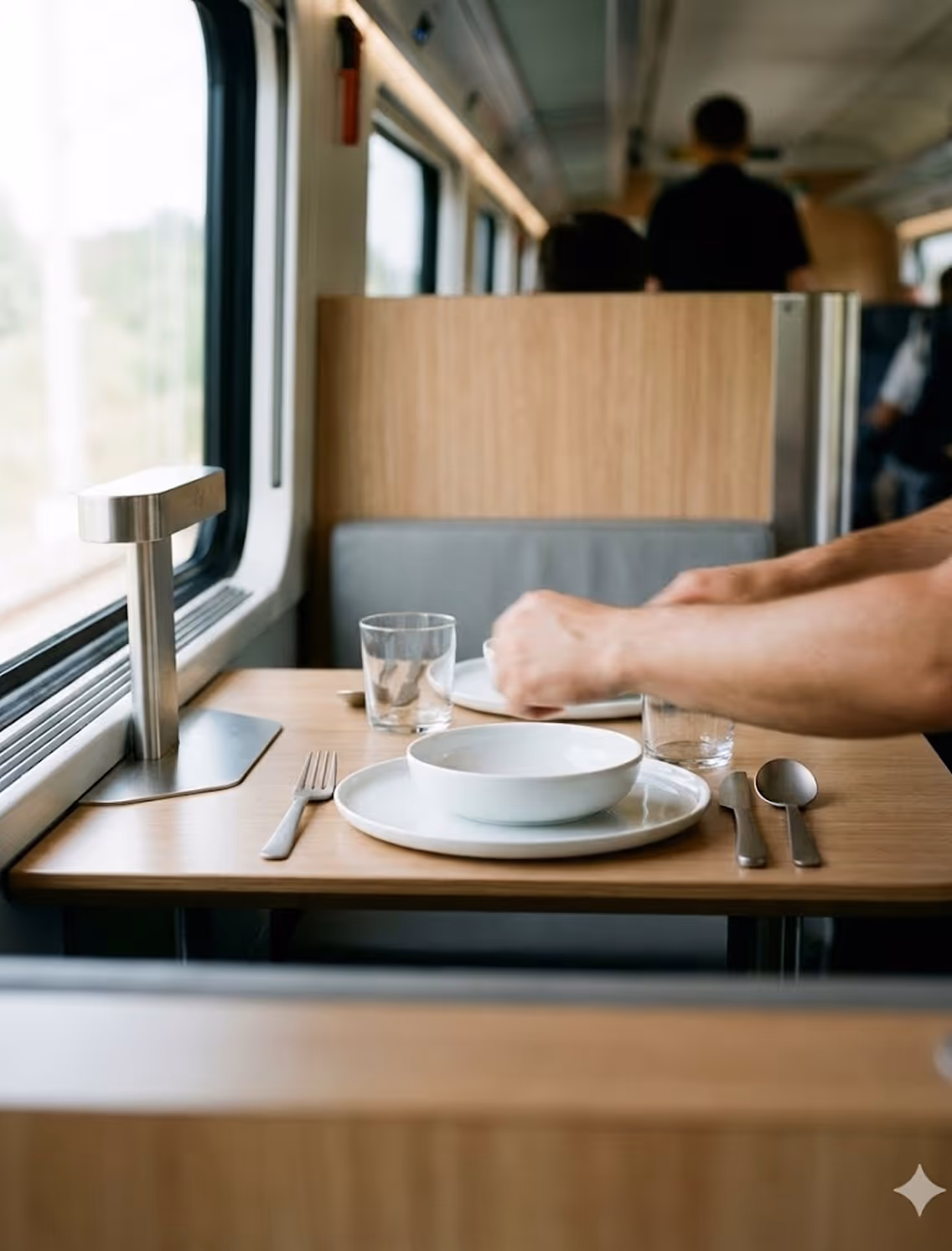 Dining-Waggon: Stylish table setting inside a train restaurant carriage.